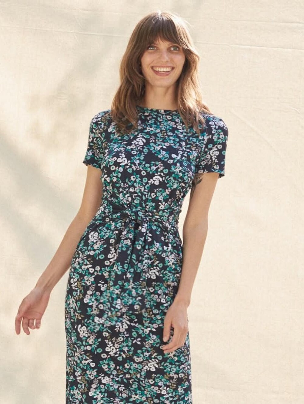 Amour Vert Navy Floral Tie-Waist Midi Dress with Teal Accents